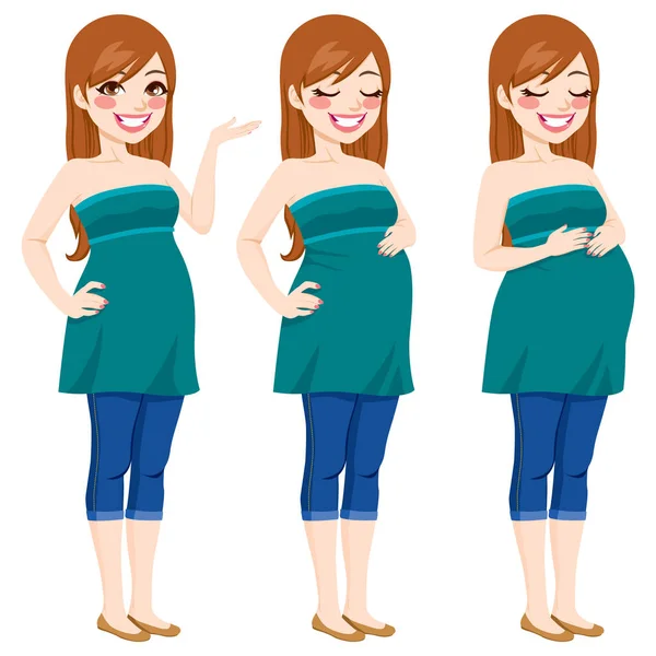 Jolie Femme Enceinte Heureuse Montrant Processus Croissance Grossesse Touchant Son — Image vectorielle