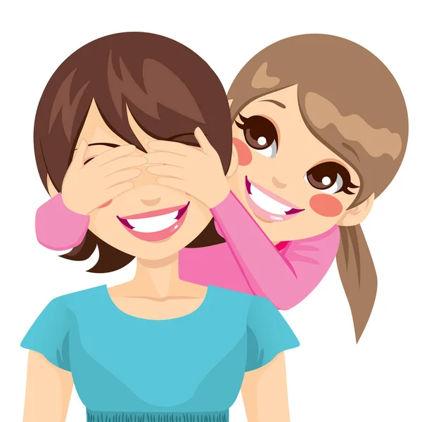 Mała Córeczka Uśmiecha Się Zakrywając Oczy Swojej Szczęśliwej Matki — Wektor stockowy