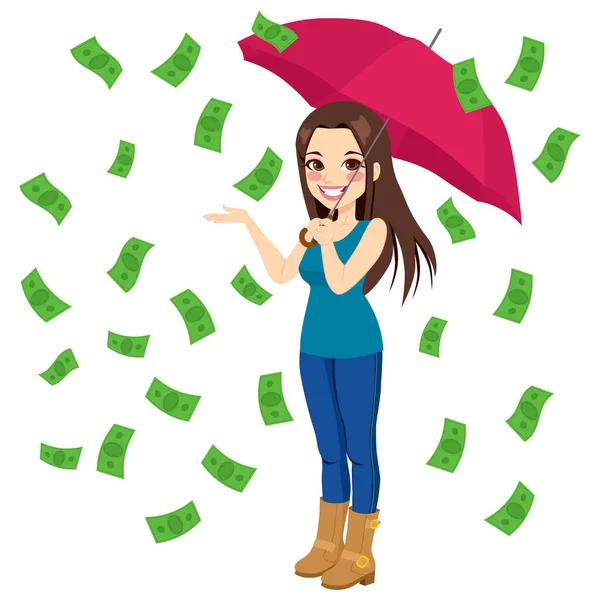美丽的黑发女人拿着一把大伞高兴地看着雨下着的钞票 — 图库矢量图片