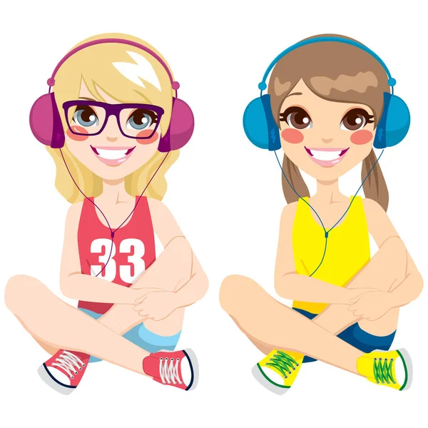 两个可爱的少女坐在地板上 带着耳机听音乐 开心地笑着 — 图库矢量图片