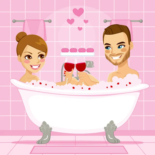 Attractive Couple Love Enjoying Relaxing Pink Bubble Bath Making Toast — Stock Vector