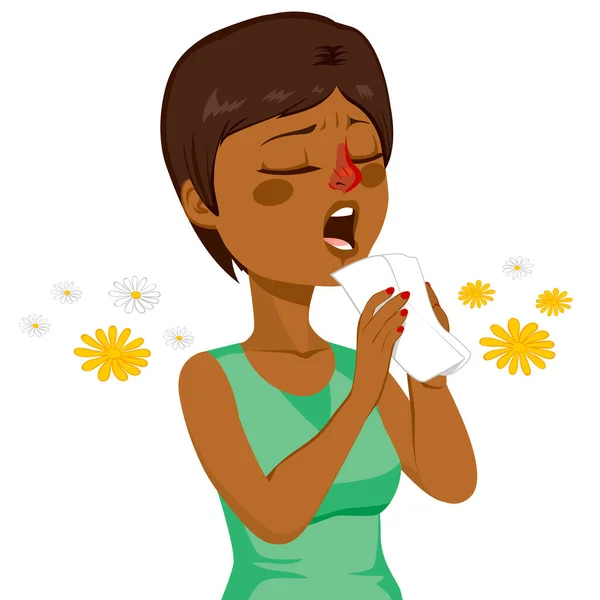 若いアフリカ系アメリカ人の女性は春のアレルギーのためにくしゃみをする面白い顔を作る — ストックベクタ