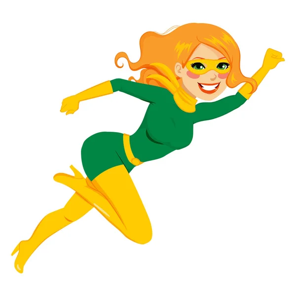 Red Haired Super Hero Girl Jumping Green Golden Costume Face — Stock Vector