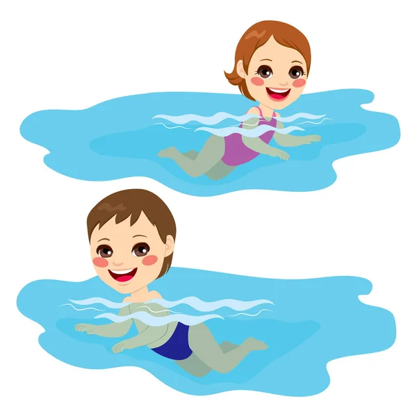 Niño Niña Nadando Solos Feliz — Vector de stock