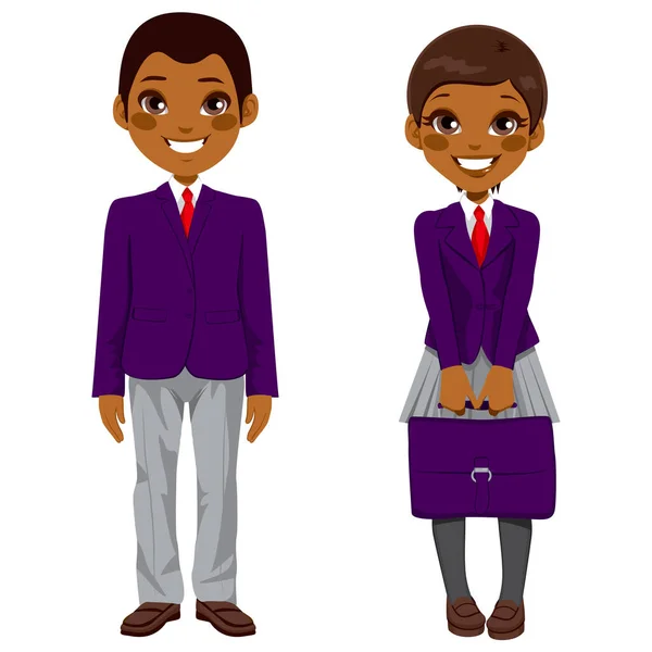 Deux Jeunes Afro Américains Mignons Debout Avec Uniforme Valise — Image vectorielle