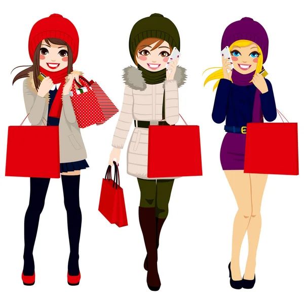 Drei Schöne Junge Frauen Winterkleidung Gehen Glücklich Mit Einkaufstaschen Herum — Stockvektor