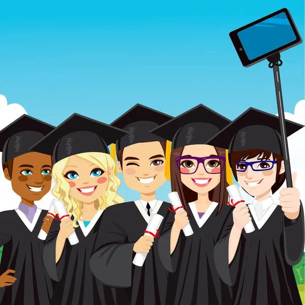 Jovem Grupo Estudantes Tirando Foto Selfie Com Smartphone Selfie Stick — Vetor de Stock