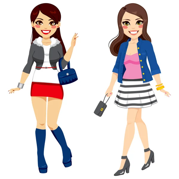 两个年轻貌美的漂亮女孩穿着甜美时髦的衣服 — 图库矢量图片