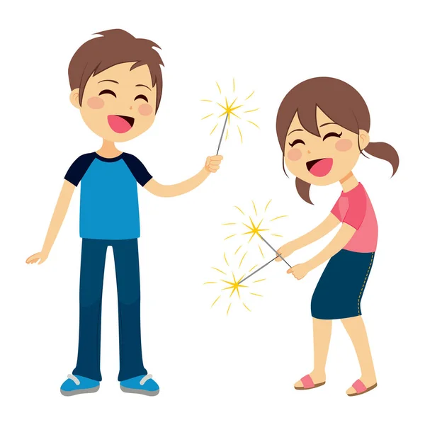 Χαριτωμένα Παιδιά Αγόρι Και Κορίτσι Που Παίζουν Πυροτεχνήματα — Διανυσματικό Αρχείο