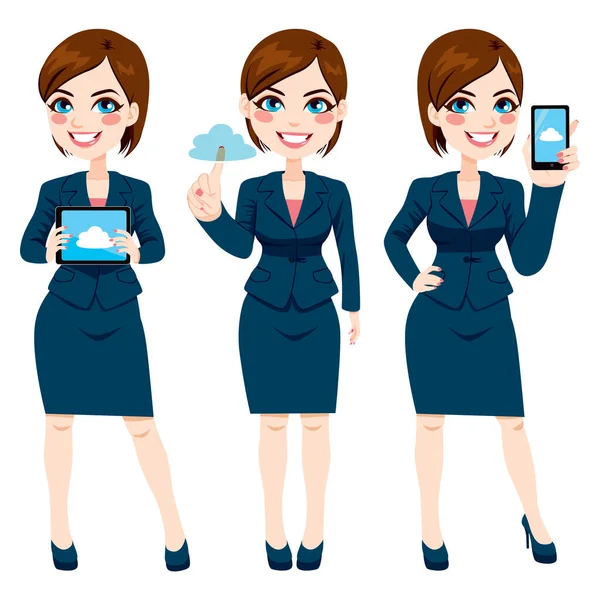 Belle Jeune Femme Affaires Utilisant Cloud Computing Sur Différents Appareils — Image vectorielle