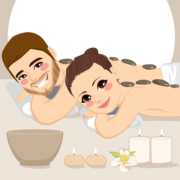 Jeune Couple Attrayant Sur Spa Bénéficiant Massage Aux Pierres Chaudes — Image vectorielle