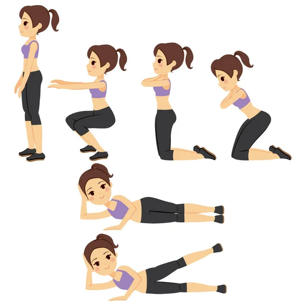 Красивая Молодая Женщина Делает Различные Тренировки Фитнес Упражнения — стоковый вектор