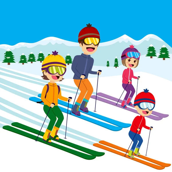 Familia Feliz Cuatro Miembros Esquiando Montaña Nieve — Vector de stock