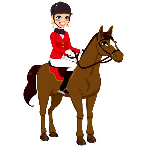 Linda Menina Equestre Loira Com Cavalo Marrom — Vetor de Stock