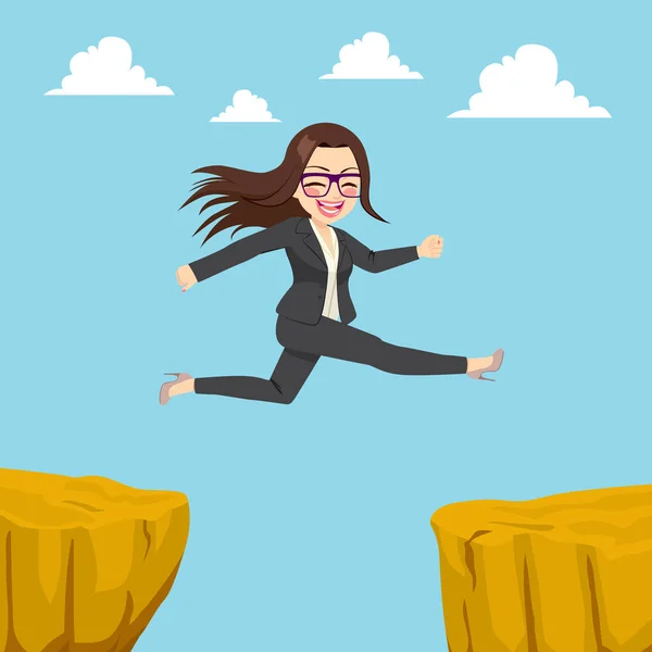 Illustration Glada Affärskvinna Hoppar Genom Klippan Gap Koncept — Stock vektor