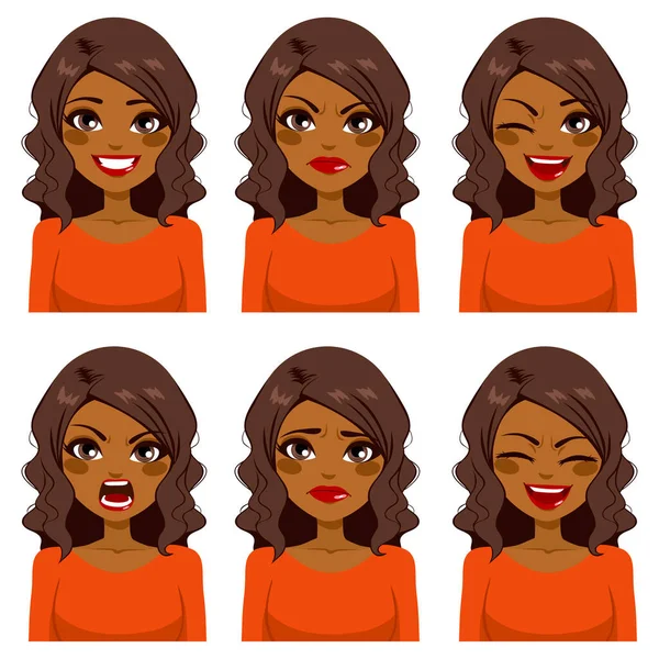 Красивая Афроамериканка Кудрявыми Волосами Шесть Разных Выражений Лица Красной Рубашке — стоковый вектор