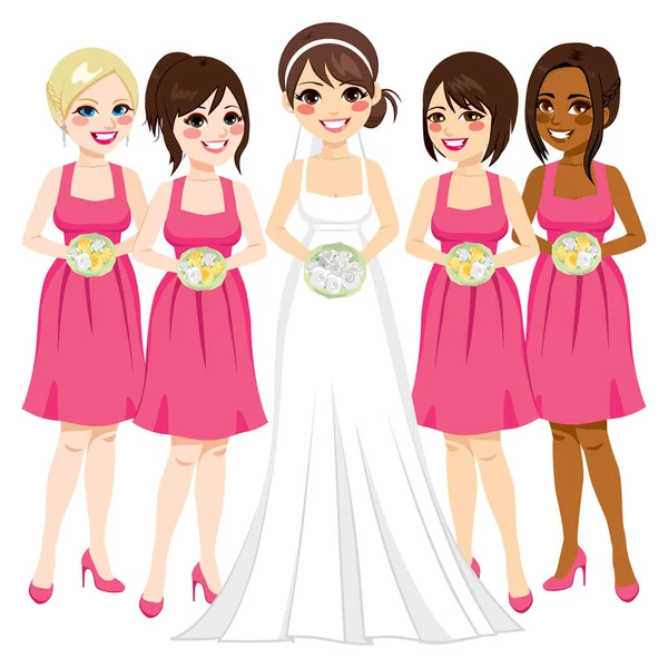 Beautiful Young Bride Friends Bridesmaid Group — Stock Vector