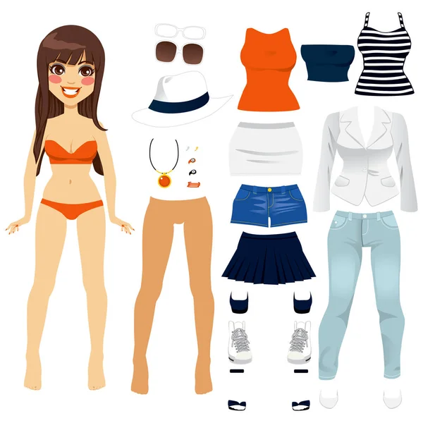Beautiful Long Hair Brunette Woman Paper Doll Game Clothing Set — Stock Vector