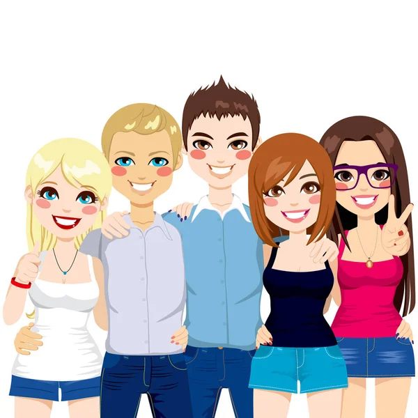 Illustration Cinq Jeunes Amis Ensemble Heureux Épaule Contre Épaule — Image vectorielle