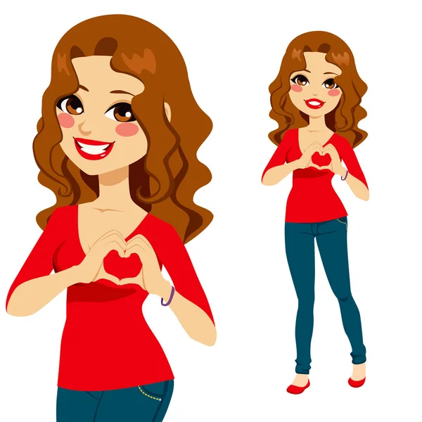 美しいですブルネット作る愛心シンボルとともに彼女の手上に赤いシャツ — ストックベクタ