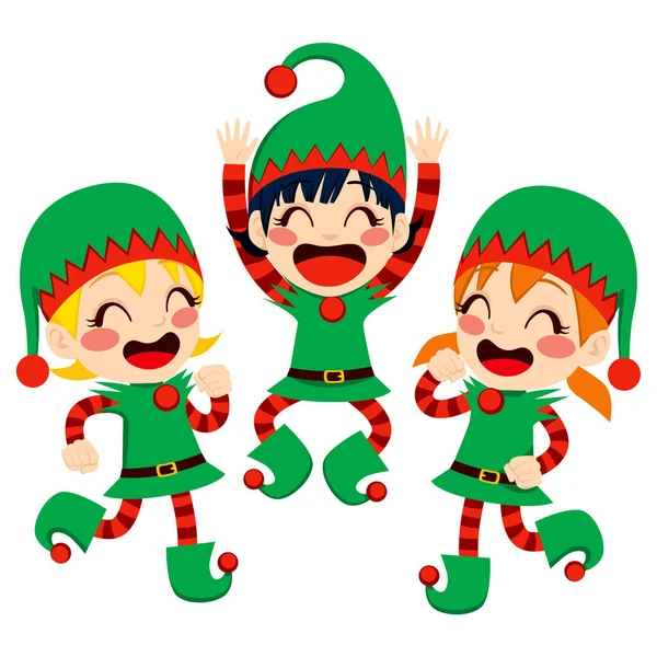 Tres Niños Vestidos Con Disfraz Santa Claus Helpers Bailando Felices — Archivo Imágenes Vectoriales