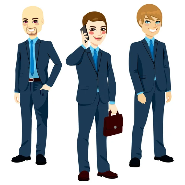 Three Successful Businessmen Wearing Blue Suits Standing Different Poses — Stock Vector