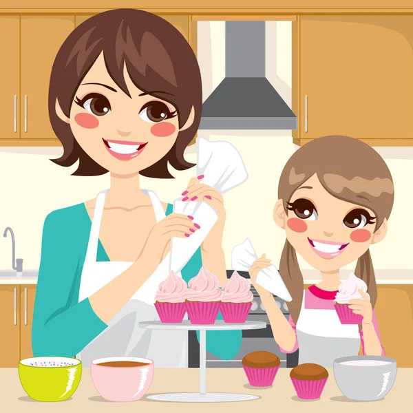 Madre Hija Decorando Pastelitos Dulces Junto Con Crema Fresa Cocina — Vector de stock