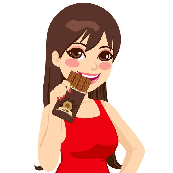 Beautiful Brunette Woman Eating Milk Chocolate Bar — Stock Vector