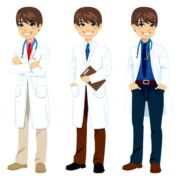 Joven Médico Profesional Masculino Tres Poses Diferentes Con Bata Blanca — Vector de stock