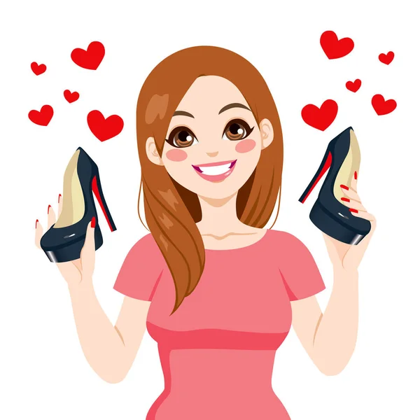 Όμορφη Νεαρή Γυναίκα Κρατώντας Μαύρα Ψηλοτάκουνα Παπούτσια Ευτυχισμένη Χαμογελώντας Καρδιές — Διανυσματικό Αρχείο