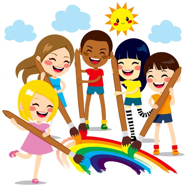 Pięcioro Uroczych Małych Dzieci Malujących Razem Piękną Kolorową Tęczę Farbami — Wektor stockowy