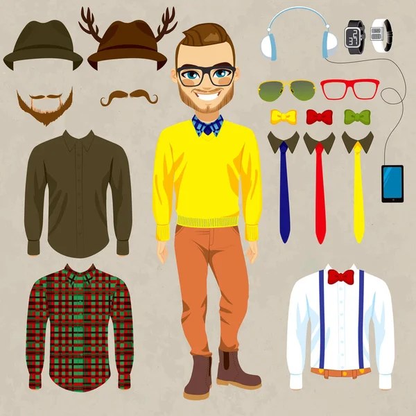 Fashion Dress Doll Man Hipster Clothes Accessories Hats Mustaches Combine — Stock Vector