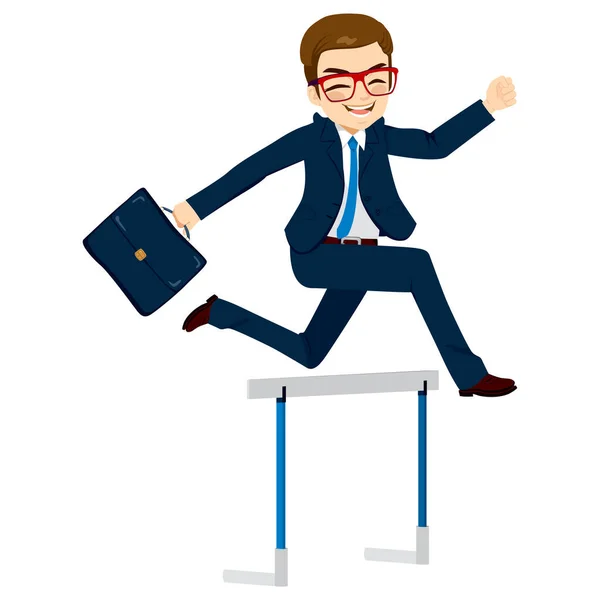 Happy Businessman Jumping Hurdle Successful Concept Overcoming Difficulties Business — Stock Vector