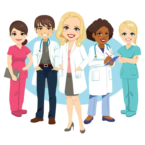 Personal Médico Hospital Profesional Femenino Masculino Pie Sonriendo — Vector de stock