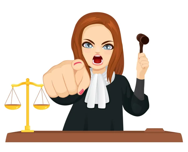 Angry Female Judge Courtroom Holding Gavel Pointing Finger — Stock Vector