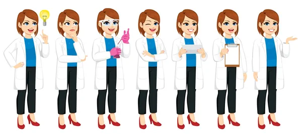 Set Different Actions Female Scientist Experimenting Explaining Having Idea — Stock Vector