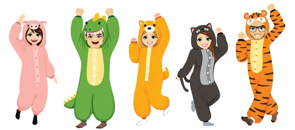 Feliz Cinco Personas Vistiendo Divertido Traje Animal Onesie Celebrando Fiesta — Vector de stock