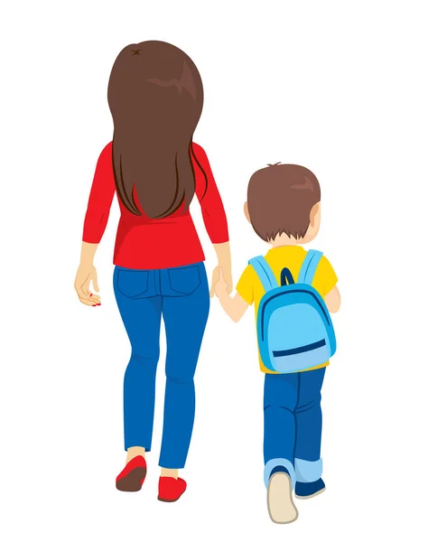 Mama Trzyma Rękę Małego Synka Spacerującego Plecakiem Powrotem Szkoły — Wektor stockowy