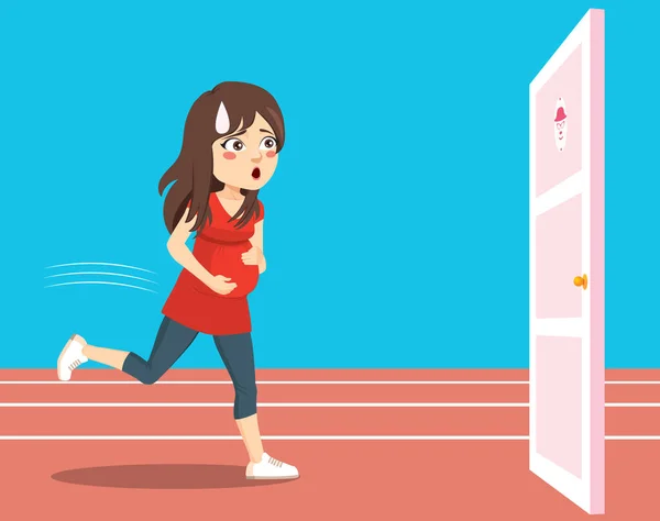 Mladá Těhotná Žena Běží Koupelny Dveře Moč Naléhavost Legrační Runner — Stockový vektor