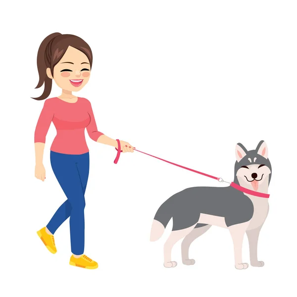 Lycklig Ung Kvinna Promenader Med Husky Hund Husdjur — Stock vektor