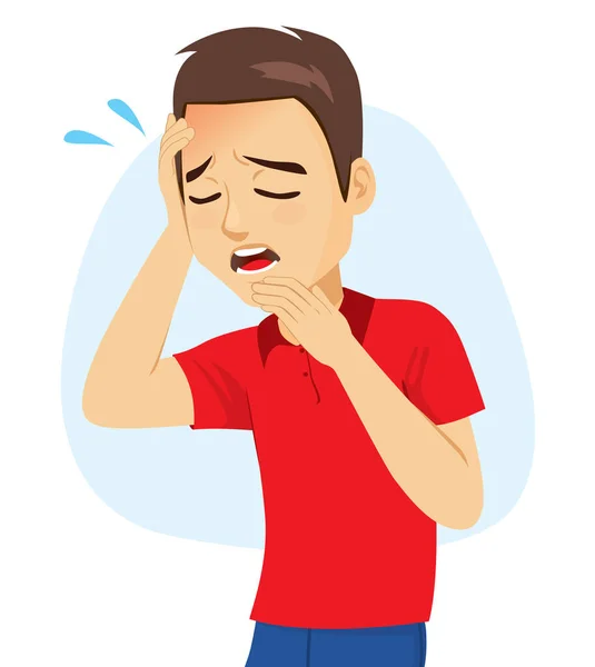 Junger Mann Mit Festem Kopf Mit Hand Leidet Kopfschmerzen Müdigkeit — Stockvektor