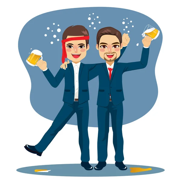 Drunk Funny Friends Office Business Men Party Holding Mug Beers — Stock Vector