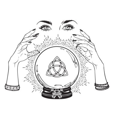 Hand drawn magic crystal ball with Triquetra or Trinity knot in hands of fortune teller line art and dot work. Boho chic tattoo, poster or altar veil print design vector illustration clipart
