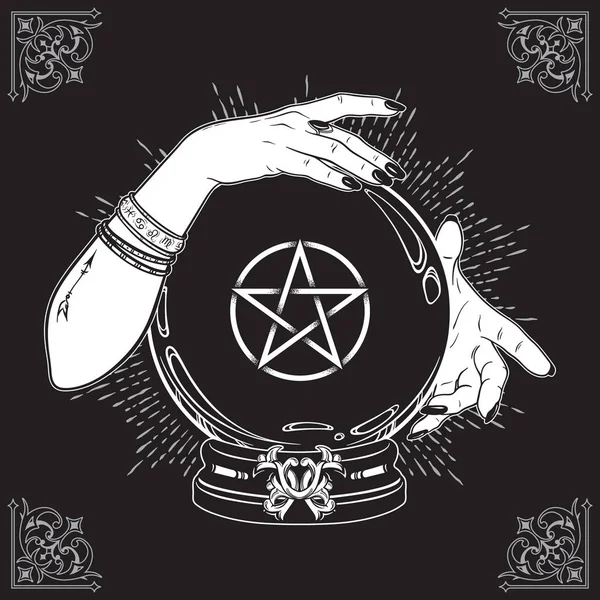 Ruční Nakreslené Magické Křišťálové Koule Hvězdou Pentagram Rukou Fortune Teller — Stockový vektor