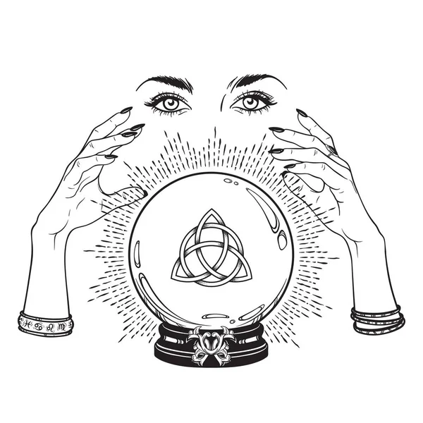 손으로 마법의 Triquetra 삼위일체 아트의 매듭과 Boho 포스터 디자인 일러스트 — 스톡 벡터