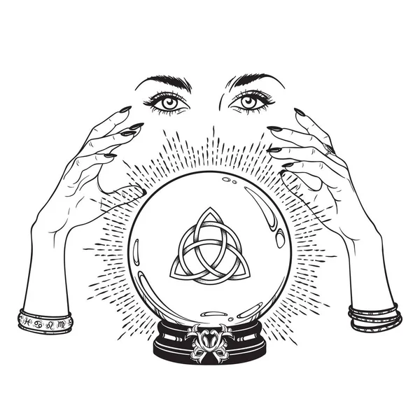 Boule Cristal Magique Dessinée Main Avec Triquetra Trinité Nœud Dans — Image vectorielle