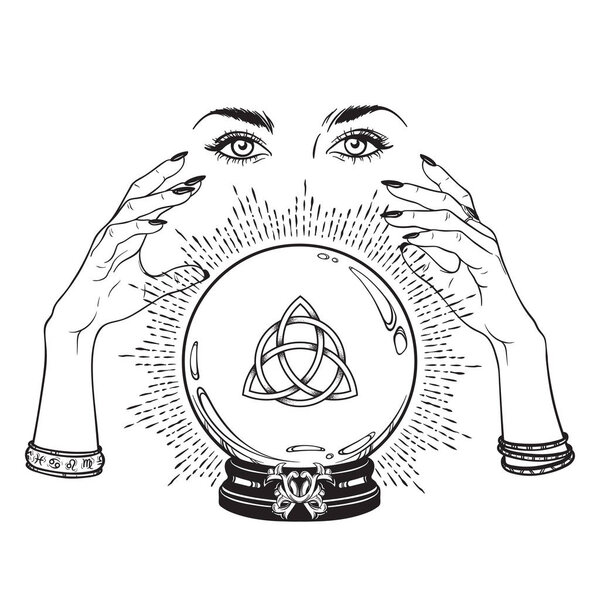 Hand drawn magic crystal ball with Triquetra or Trinity knot in hands of fortune teller line art and dot work. Boho chic tattoo, poster or altar veil print design vector illustration
