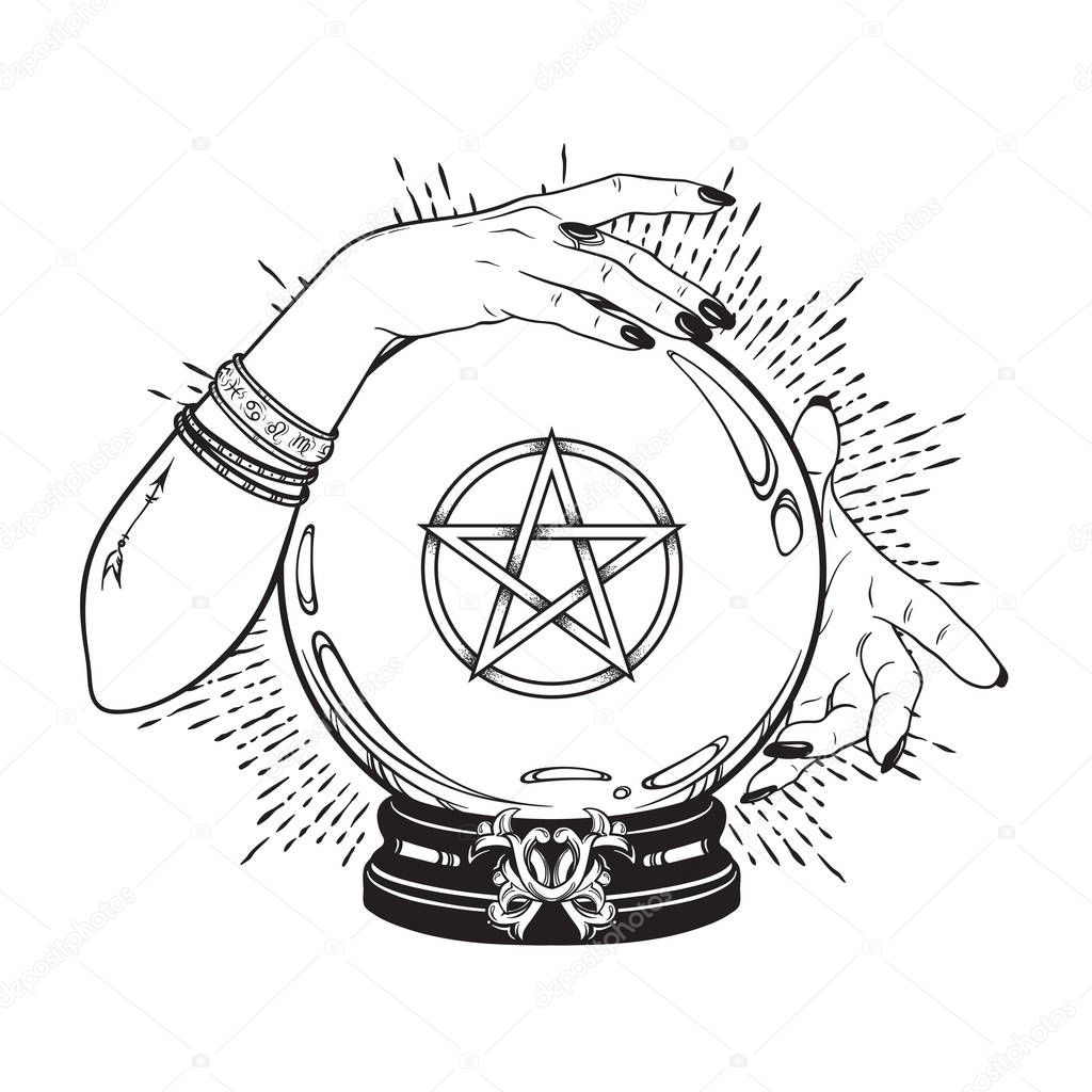 Hand drawn magic crystal ball with pentagram star in hands of fortune teller line art and dot work. Boho chic tattoo, poster or altar veil print design vector illustration