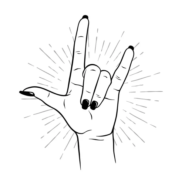 Mão Desenhada Mão Feminina Gesto Rock Tatuagem Flash Trabalho Negro — Vetor de Stock