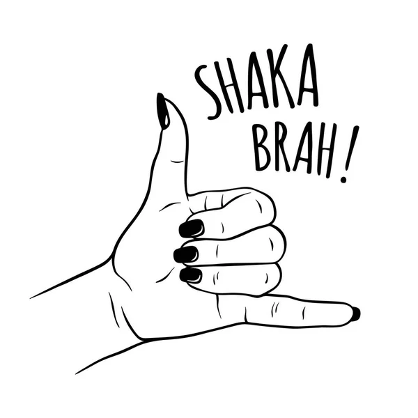 シャカのジェスチャーで女性の手を描いた フラッシュ タトゥー ブラックワーク ステッカー パッチ またはデザイン ベクトル図を印刷 — ストックベクタ